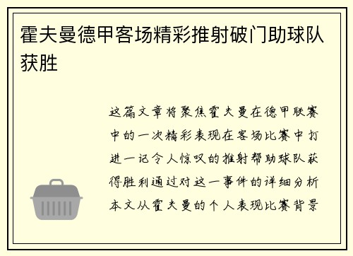 霍夫曼德甲客场精彩推射破门助球队获胜