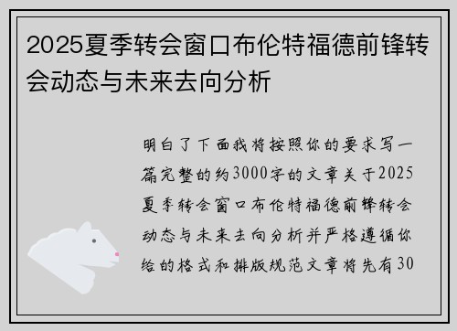 2025夏季转会窗口布伦特福德前锋转会动态与未来去向分析