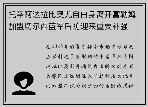 托辛阿达拉比奥尤自由身离开富勒姆加盟切尔西蓝军后防迎来重要补强